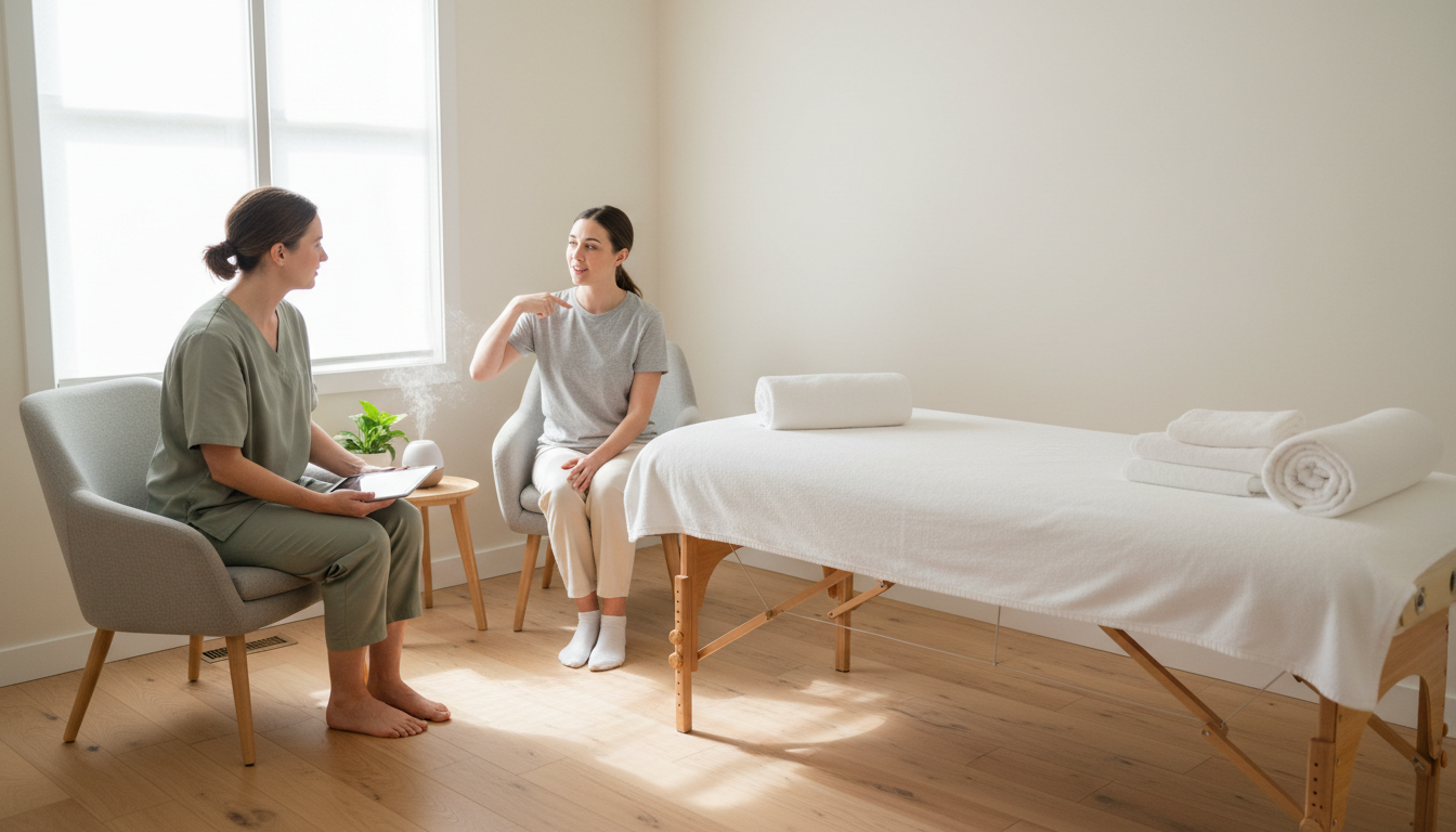 Massage therapist talking with a client in a bright treatment room before the session begins