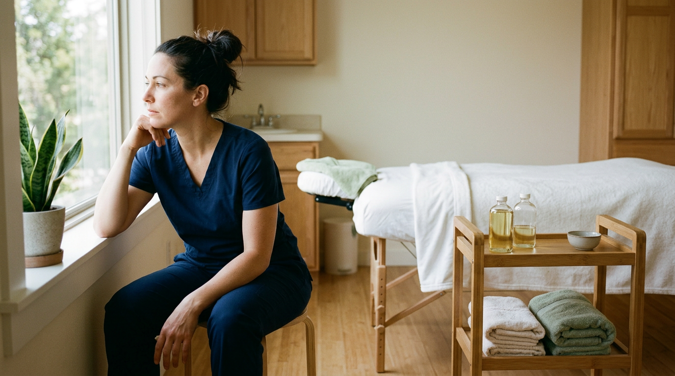 Massage therapist sitting quietly in a treatment room between sessions, looking out a window