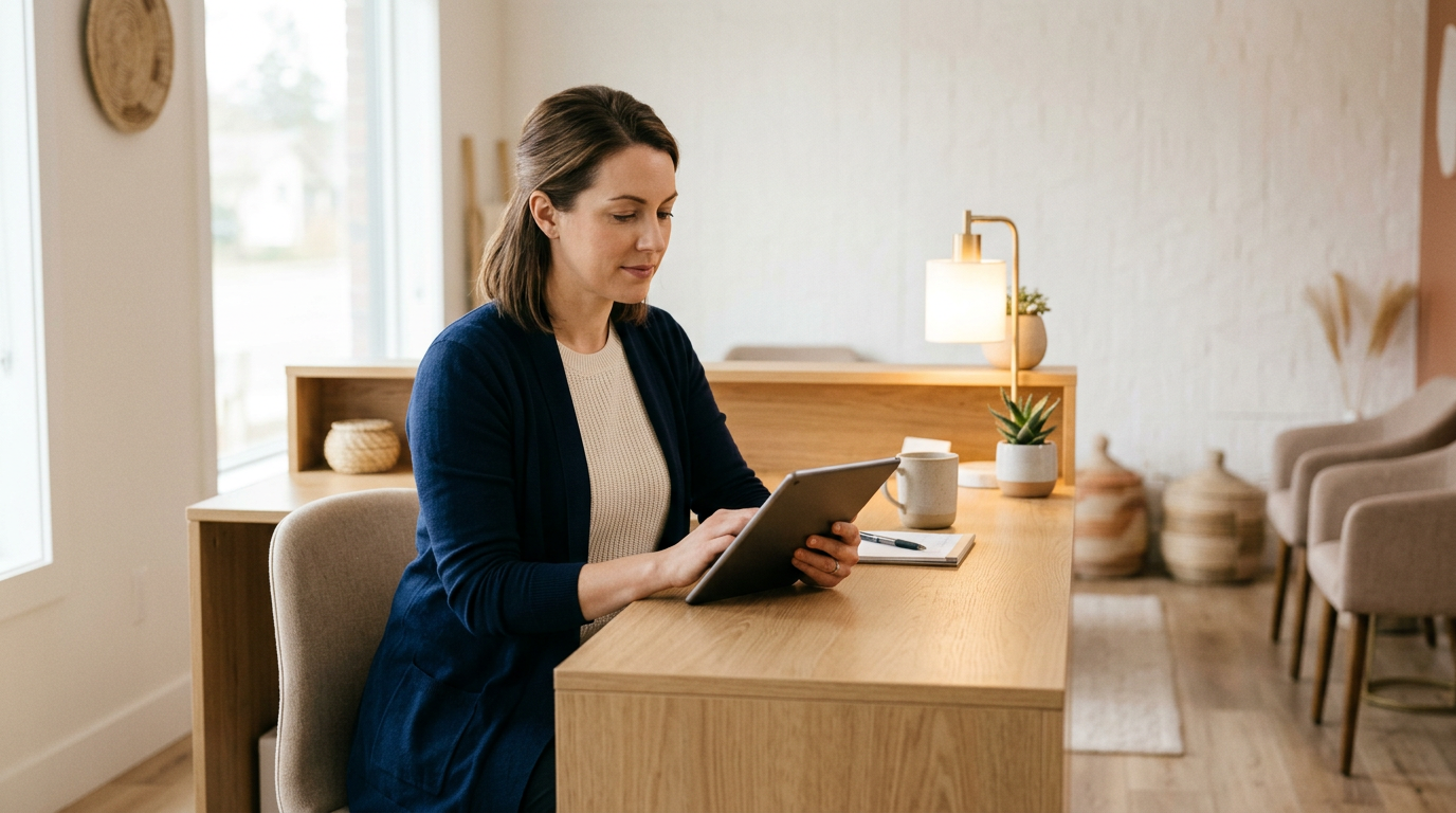 Clinic owner reviewing scheduling data on a tablet at a treatment room desk