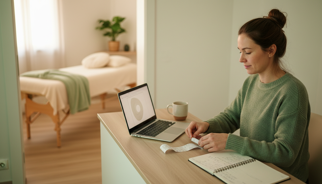 Massage clinic owner sorting receipts and reviewing a laptop at the front desk after closing