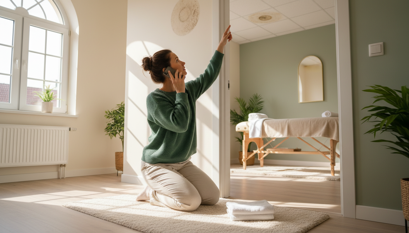 Massage clinic owner on the phone pointing up at a water stain on the ceiling outside a treatment room early in the morning