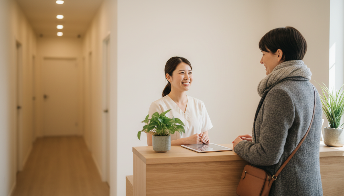 Massage clinic front desk staff member greeting a returning client at check-in
