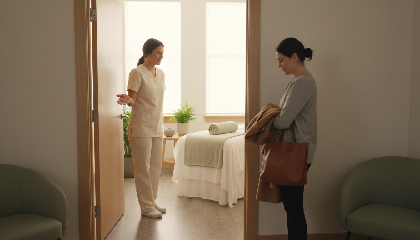 Massage therapist welcoming a hesitant first-time client into a calm treatment room