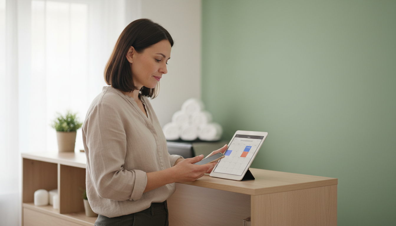 Massage therapist standing at the front desk of a clinic, looking at an open gap in the day's schedule on a tablet