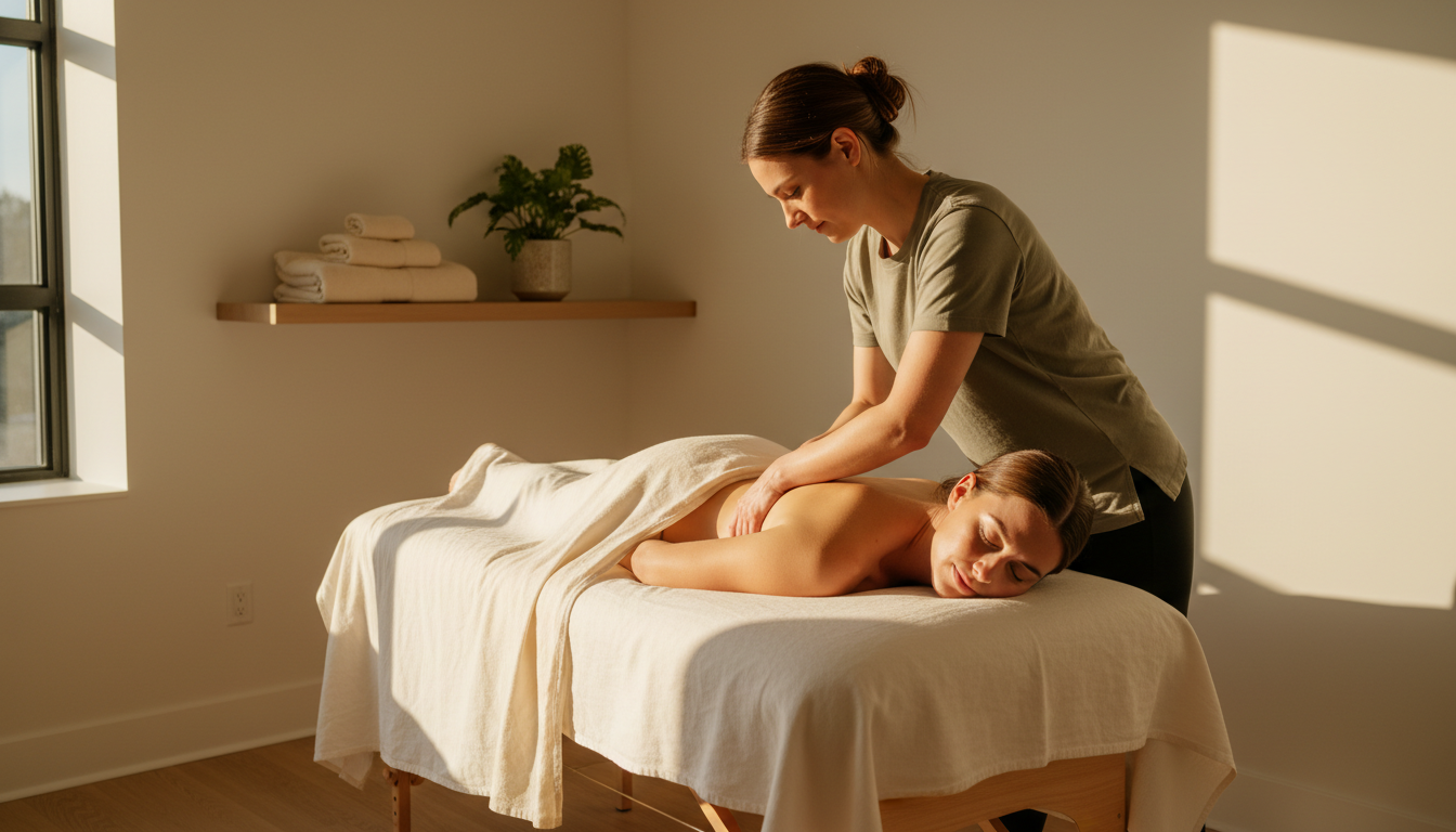 Massage therapist working quietly on a relaxed client's upper back in a sunlit treatment room