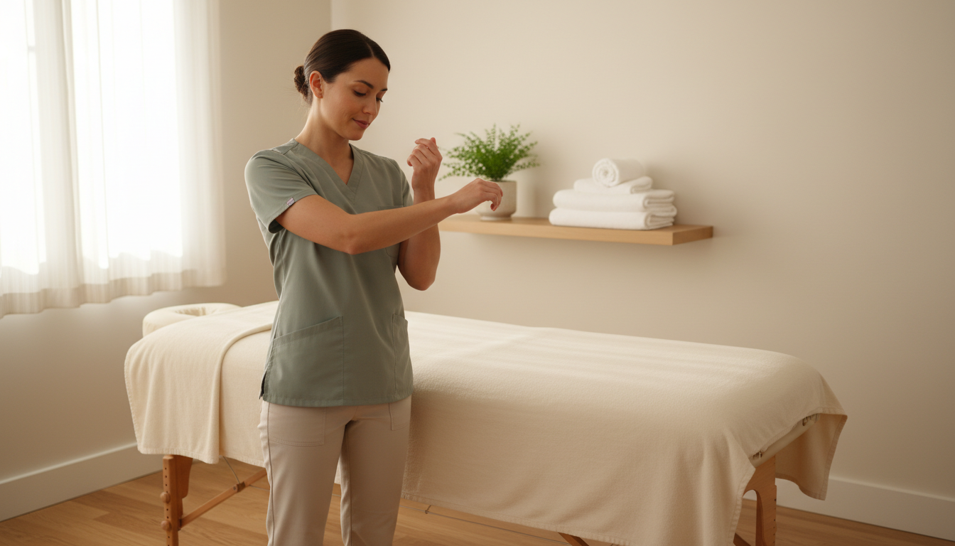 Massage therapist stretching their wrists and forearms in a treatment room between client sessions