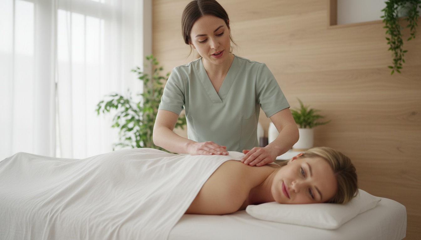 Massage therapist pausing with hands on a client's shoulder to check in during a quiet session