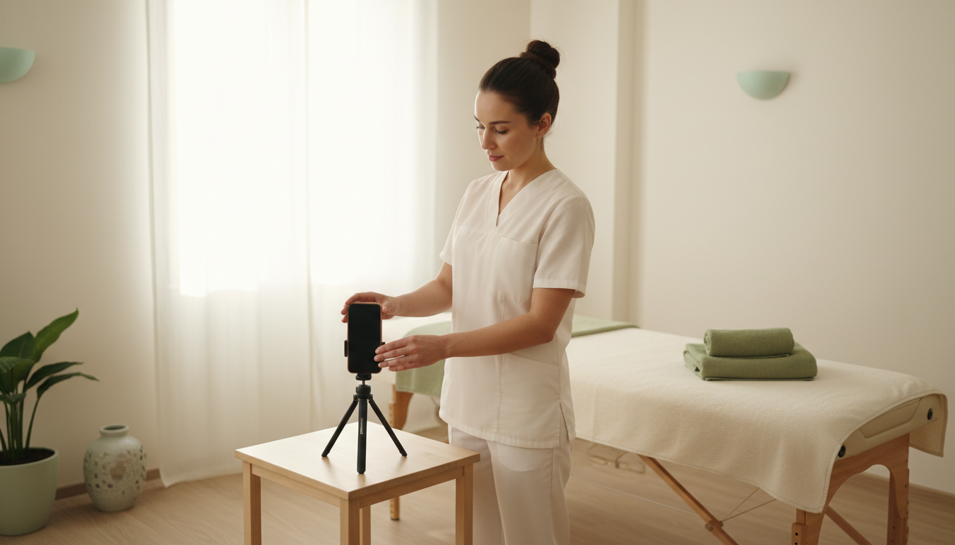 Massage therapist filming a short video on a phone mounted on a small tripod in a bright treatment room