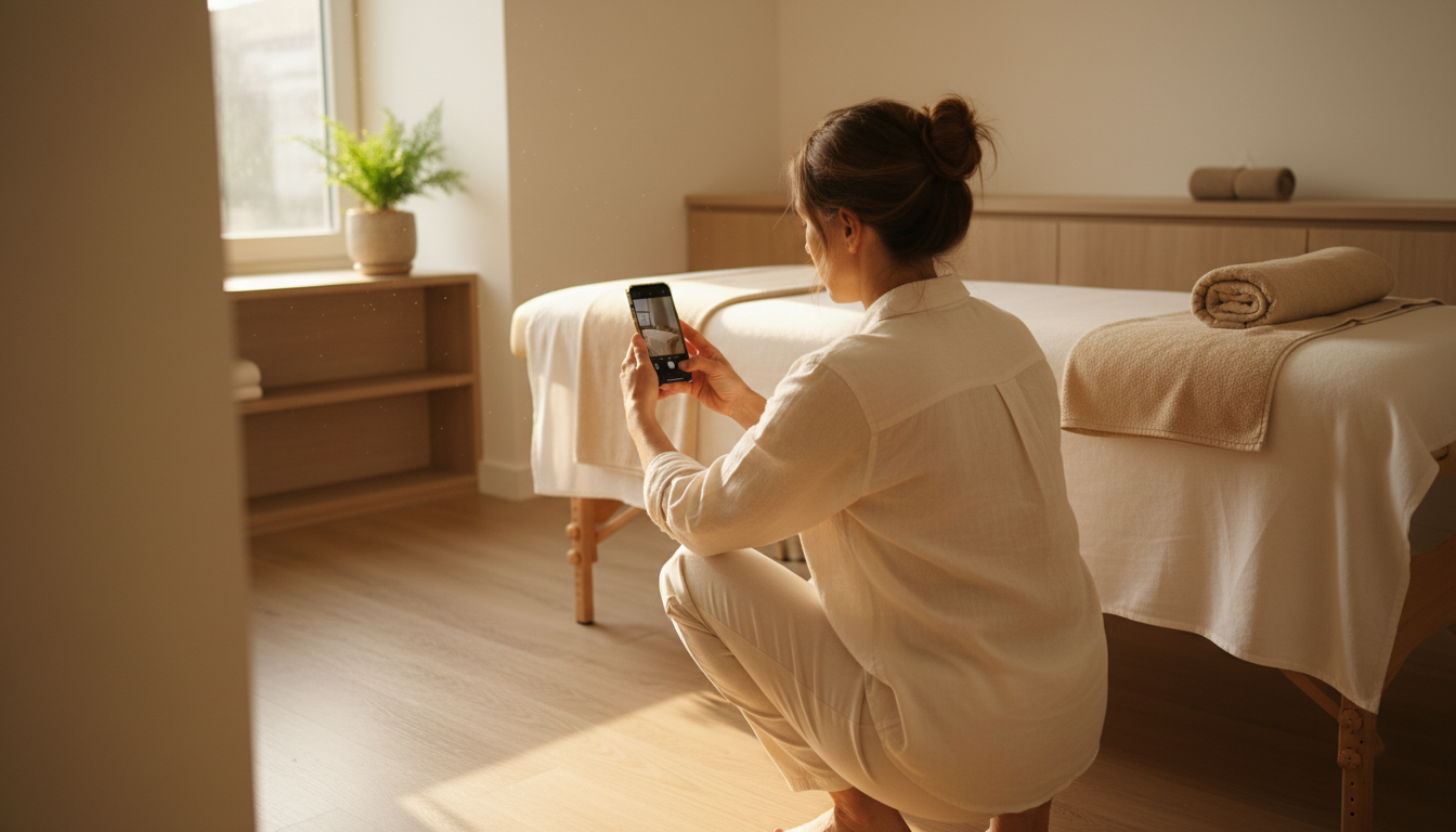 Massage clinic owner photographing a neatly set treatment room with her phone for a social media post