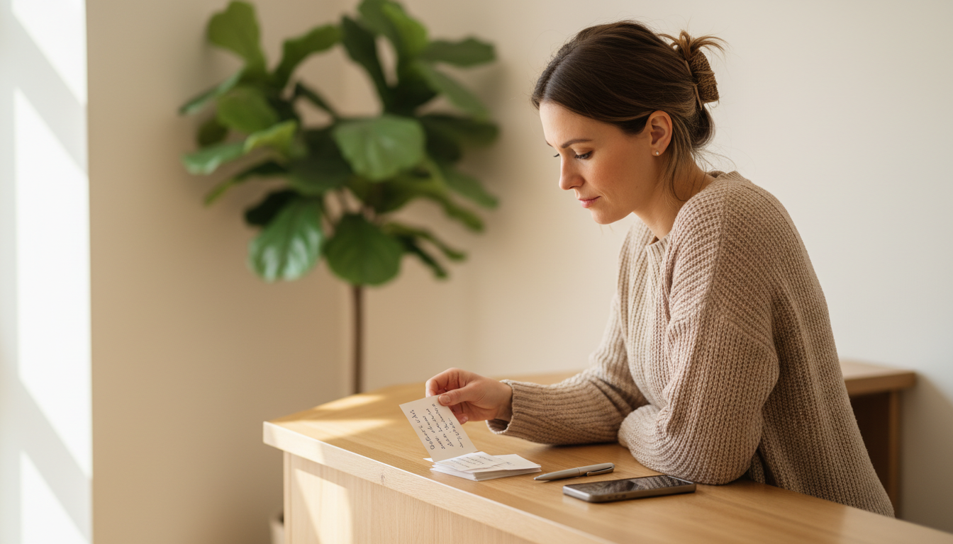 Massage clinic owner reading handwritten client comment cards at a wooden reception counter