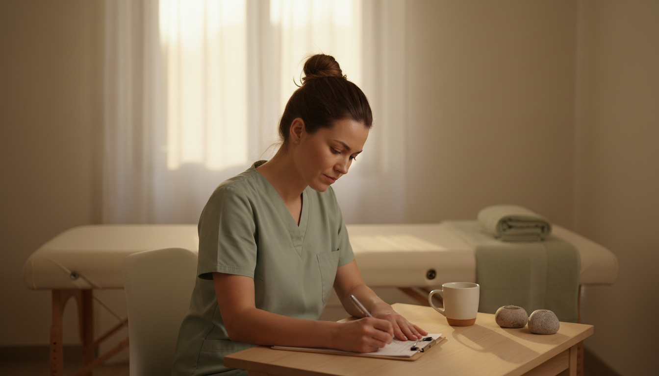 Massage therapist writing a note at a quiet treatment room desk after the last client of the day