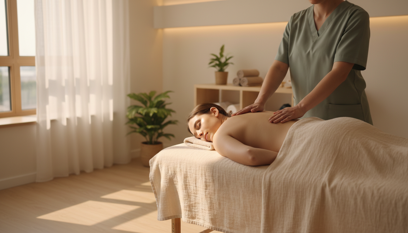 Massage therapist resting both hands still on a relaxed client's upper back at the end of a session