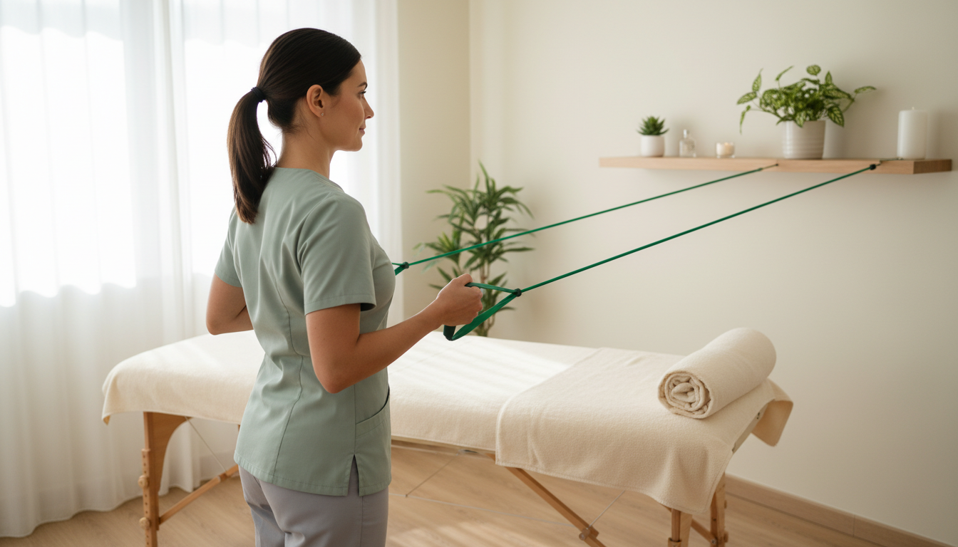 Massage therapist doing a resistance band row in a bright clinic room before her first client