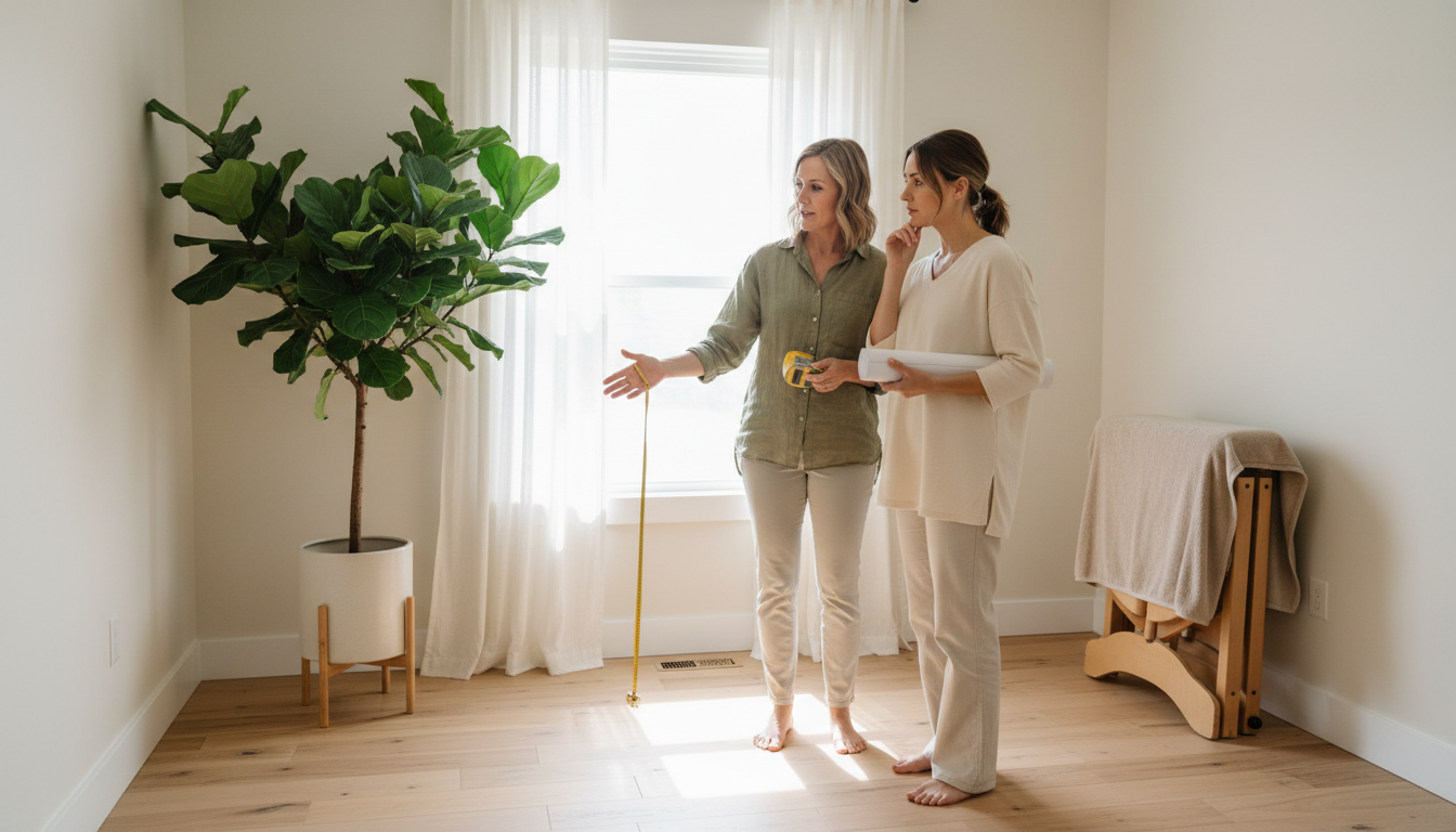 Massage clinic owner walking through an empty new treatment space with a lead therapist