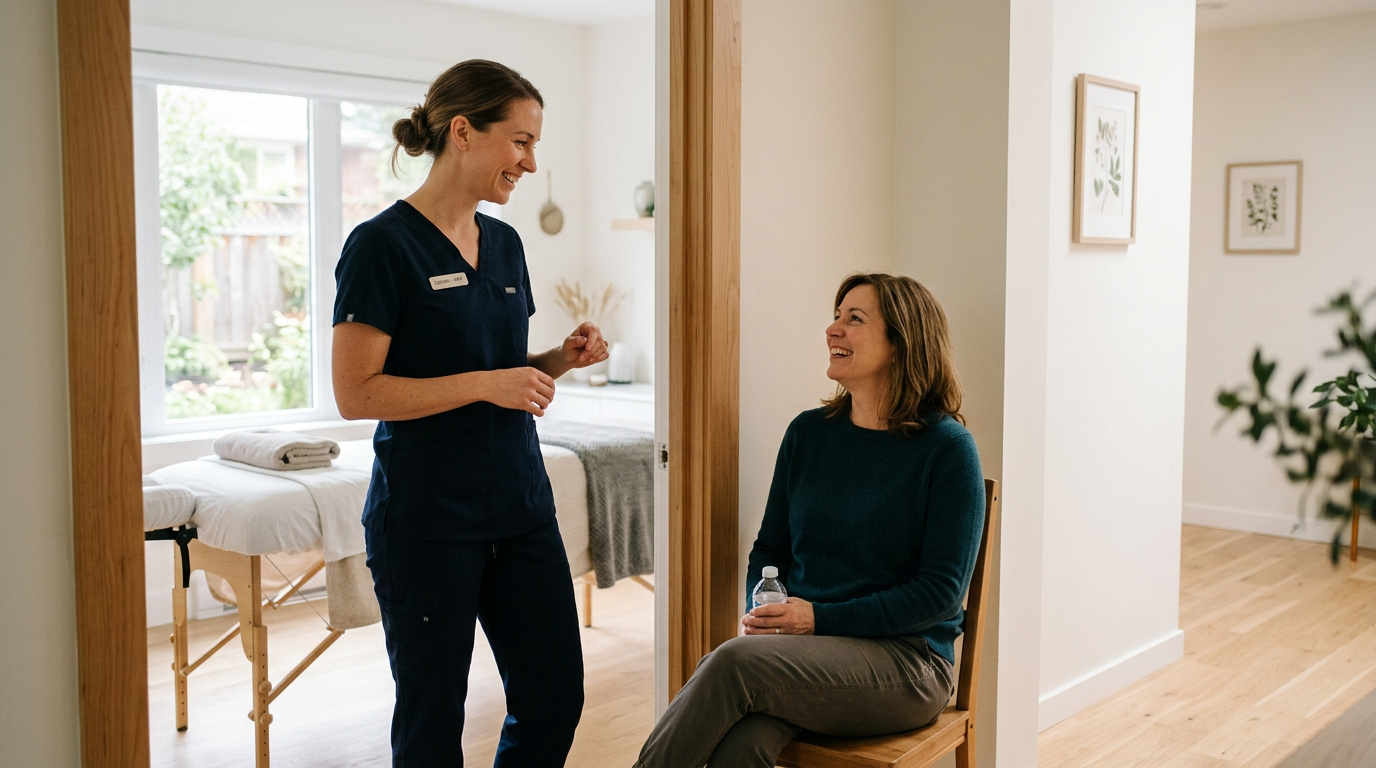 Massage therapist speaking with a client after a session in a bright clinic room