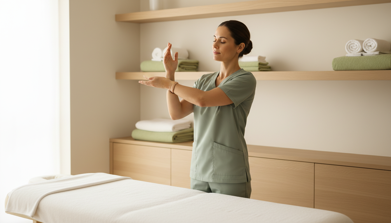 Massage therapist gently stretching her own forearm and wrist in a treatment room between clients