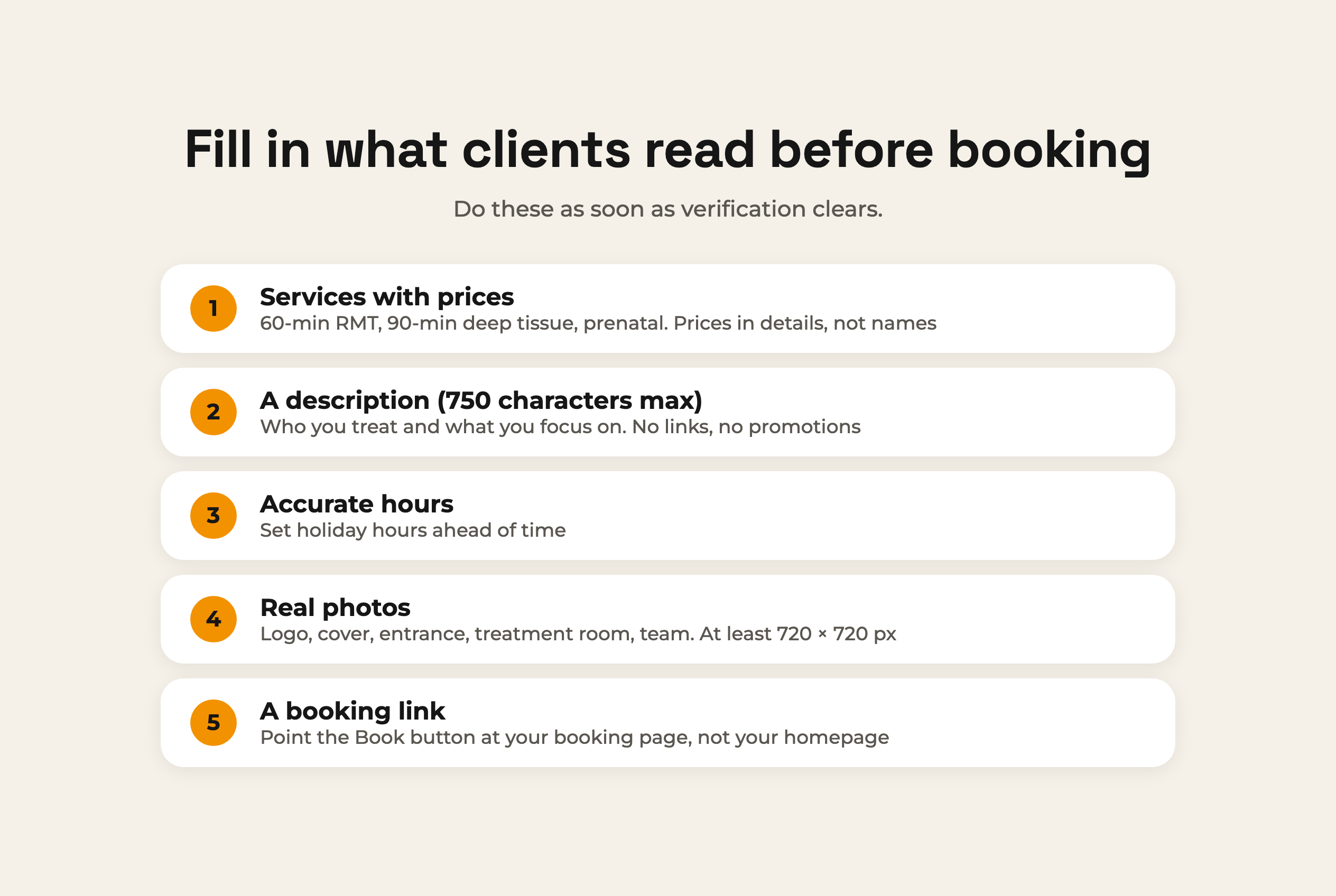 Checklist for completing a massage Google Business Profile: services with prices, a description up to 750 characters, accurate hours, real photos, and the booking link