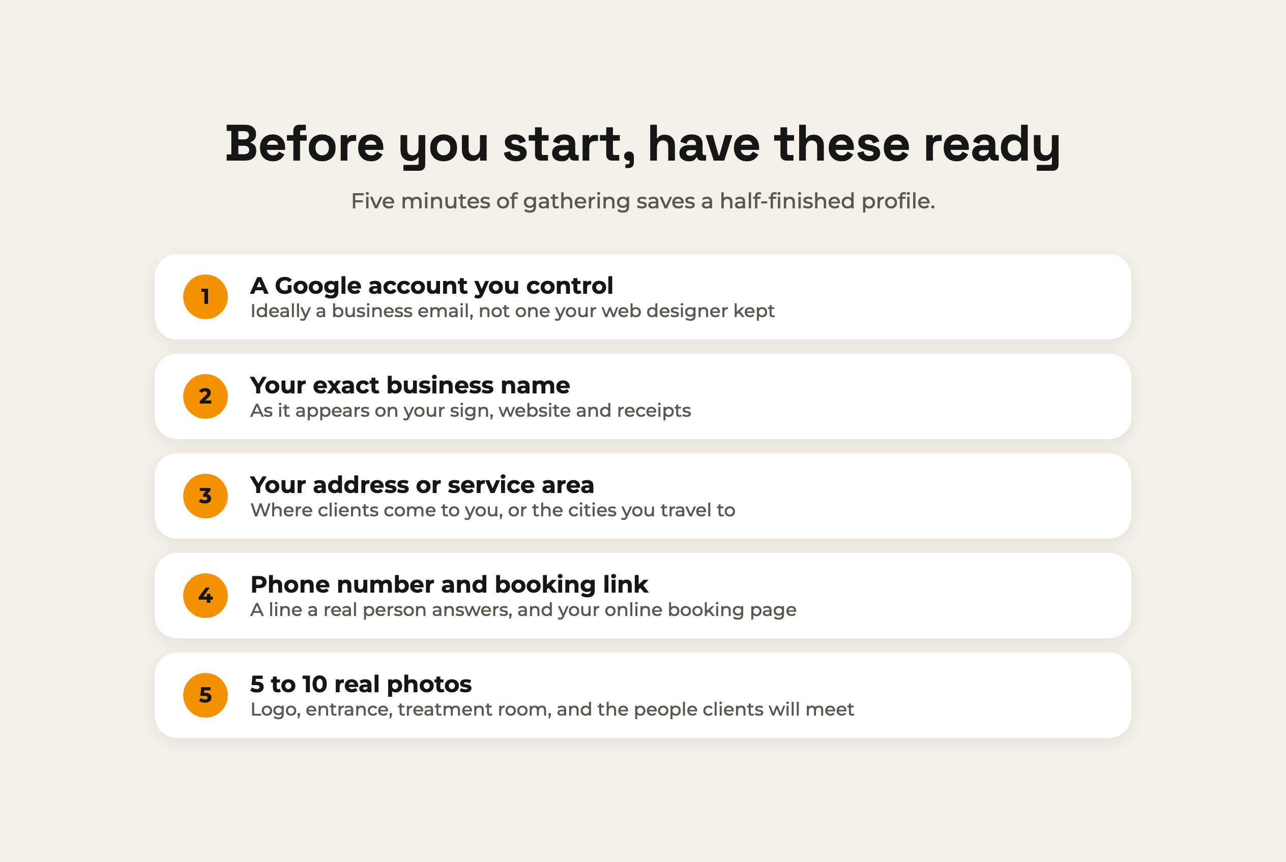 Checklist of five things to have ready before setting up a Google Business Profile: a Google account, your exact business name, your address or service area, a phone number and booking link, and five to ten real photos
