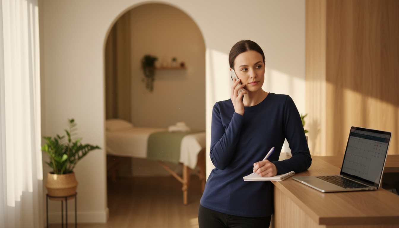 Massage therapist on a phone call with a reporter at a clinic desk, notes and a laptop open