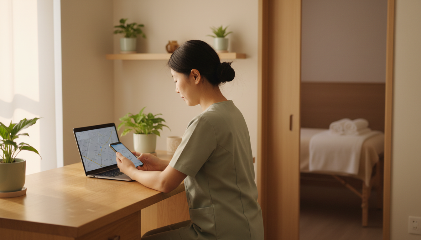 Massage therapist at a wooden reception desk checking a map listing on her phone, with a treatment room visible through an open door