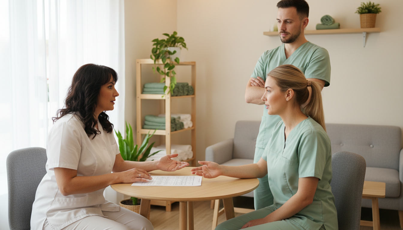 Clinic owner talking through a scheduling disagreement with two massage therapists over a printed weekly schedule in the staff room