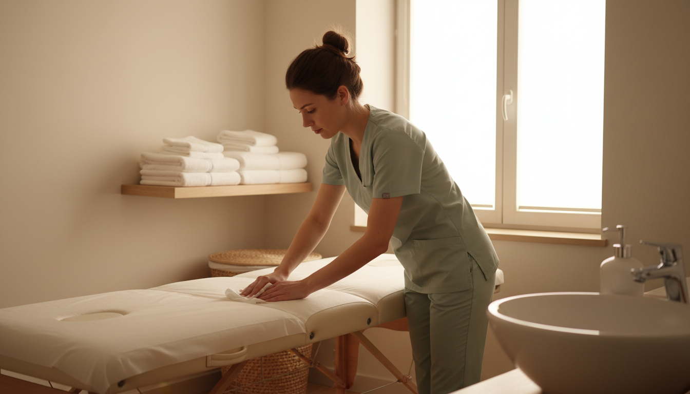 Massage therapist wiping down a treatment table between clients, with fresh folded linens on a shelf and a hand sink beside her