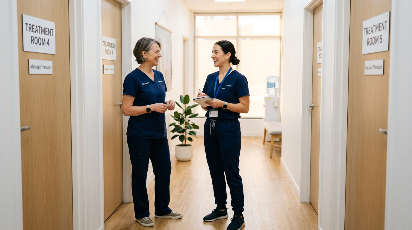 Two massage therapists talking in a clinic hallway between sessions