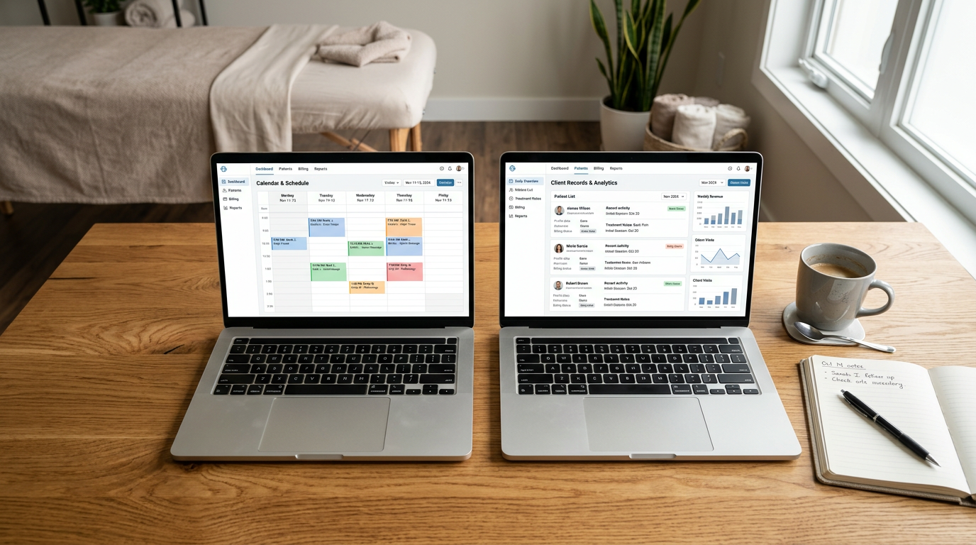 Two clinic management software dashboards open side by side on laptops in a massage therapy office