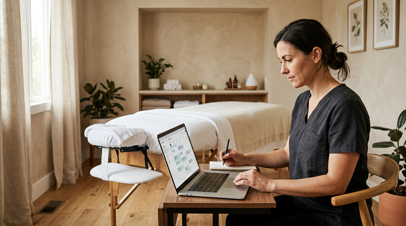 Massage therapist reviewing booking software on a laptop in a treatment room