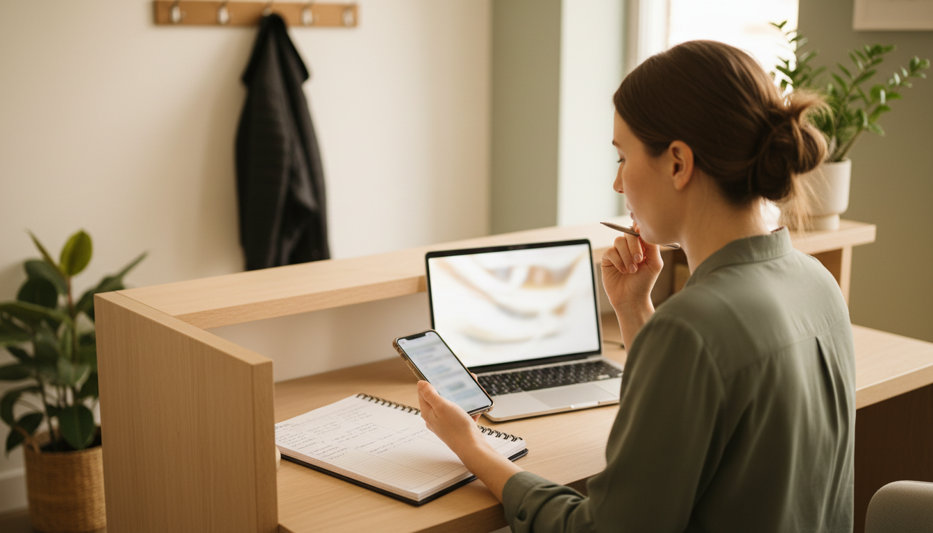 Front desk coordinator at a massage clinic checking a confirmation text on her phone against the appointment book and laptop