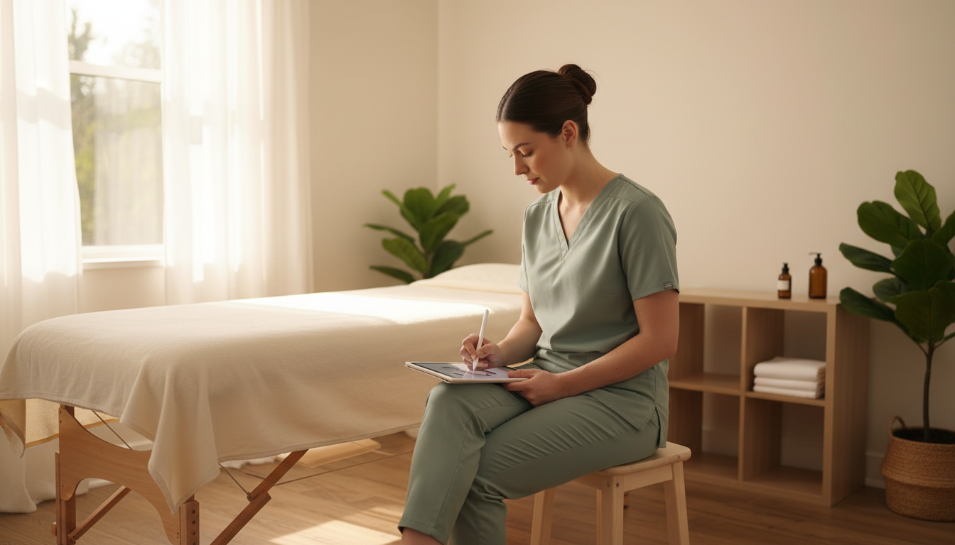 Registered massage therapist writing a treatment note on a tablet beside a massage table after a session