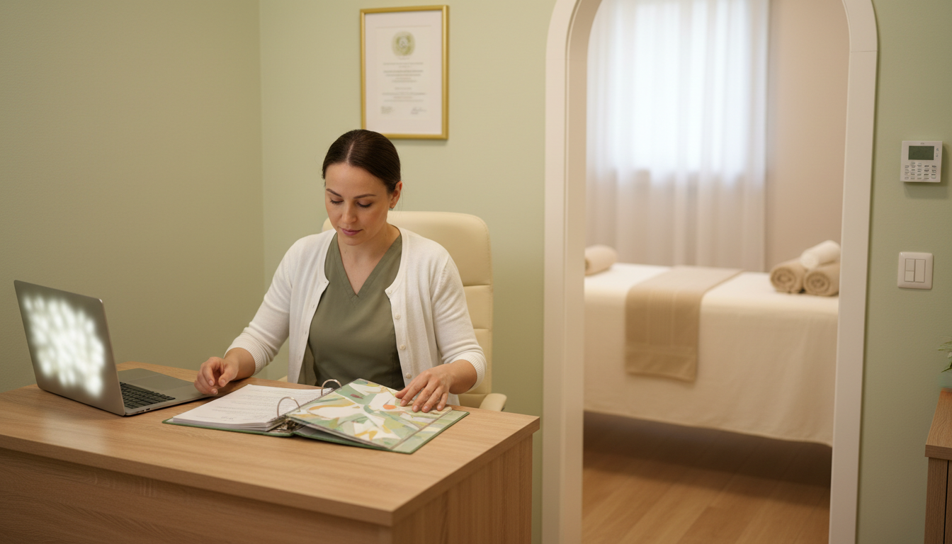 Massage clinic owner reviewing a binder of clinic policies at her desk, with a treatment room visible through the doorway