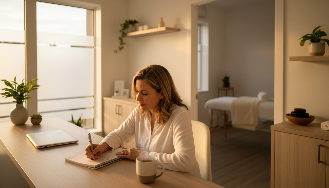 Massage clinic owner sitting at the front desk after hours, writing plans in a notebook beside a laptop