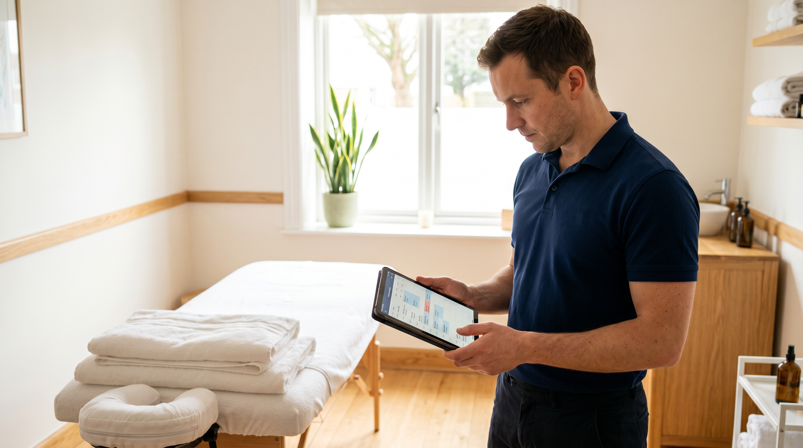 Male massage therapist reviewing his appointment schedule on a tablet in a bright clinic treatment room