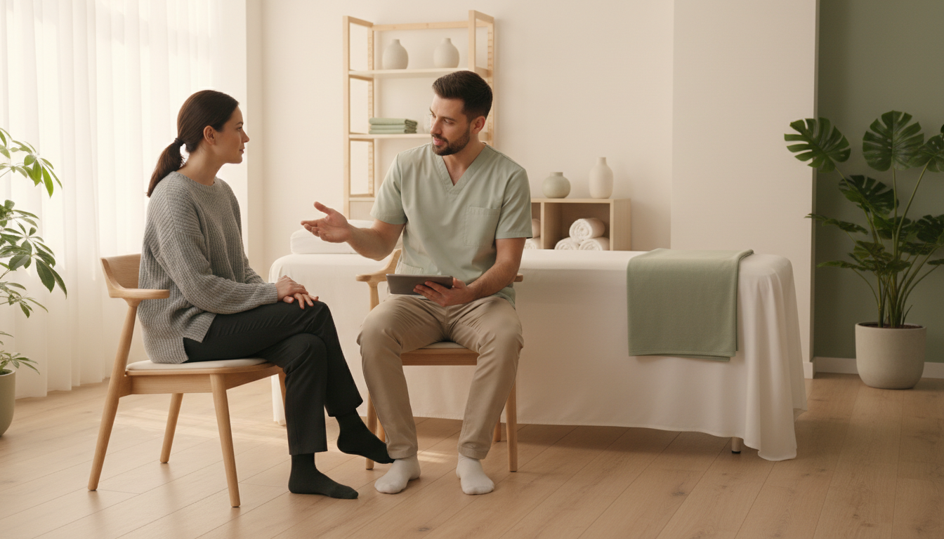 Massage therapist explaining a treatment plan to a seated client before the session begins