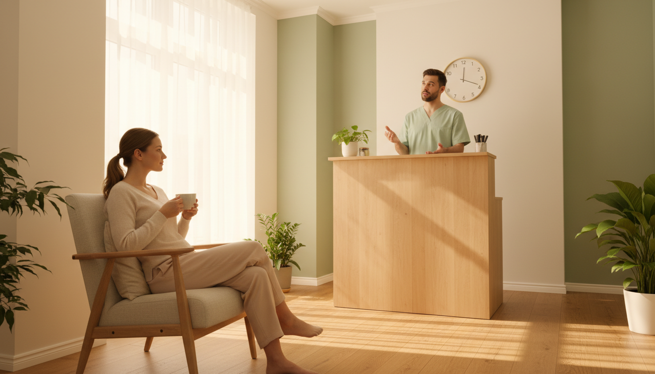 Client seated in a calm massage clinic waiting area while a therapist checks the time at the front desk