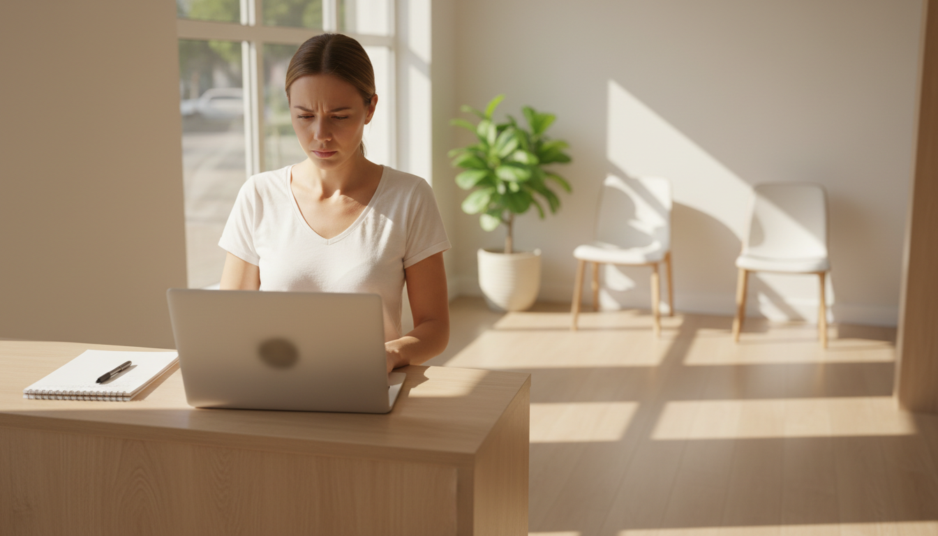 Clinic owner at a massage clinic front desk reading a message on a laptop with a notepad beside it