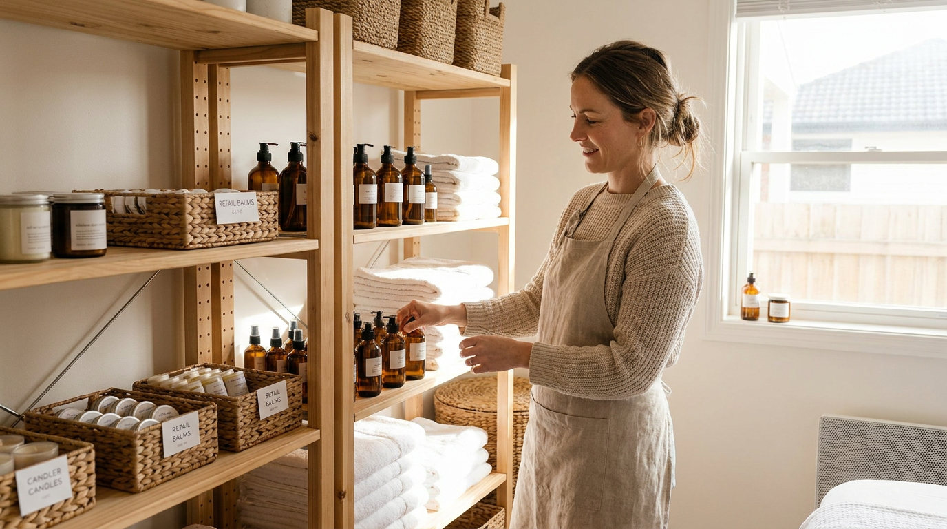 Massage clinic owner organizing supplies on shelves in a treatment room storage area