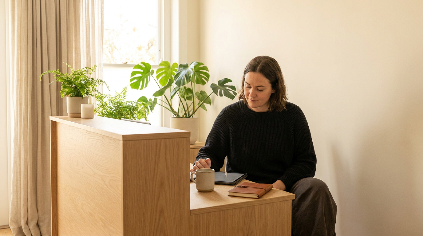 Massage therapist at a reception desk reviewing a tablet, with a calm, organized clinic in the background