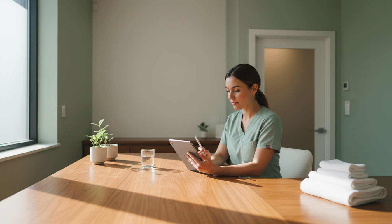 Massage therapist reviewing client session notes on a tablet at a clinic desk