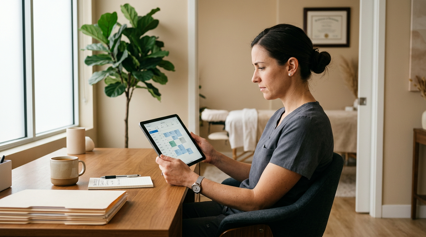 Massage therapist reviewing pricing at a desk in a clinic setting