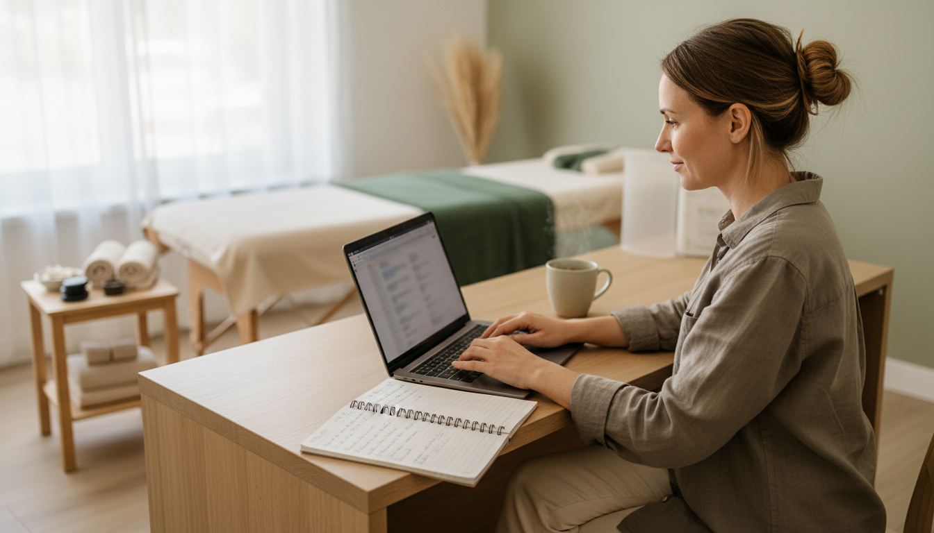 Massage clinic owner writing a newsletter on a laptop at the front desk between appointments