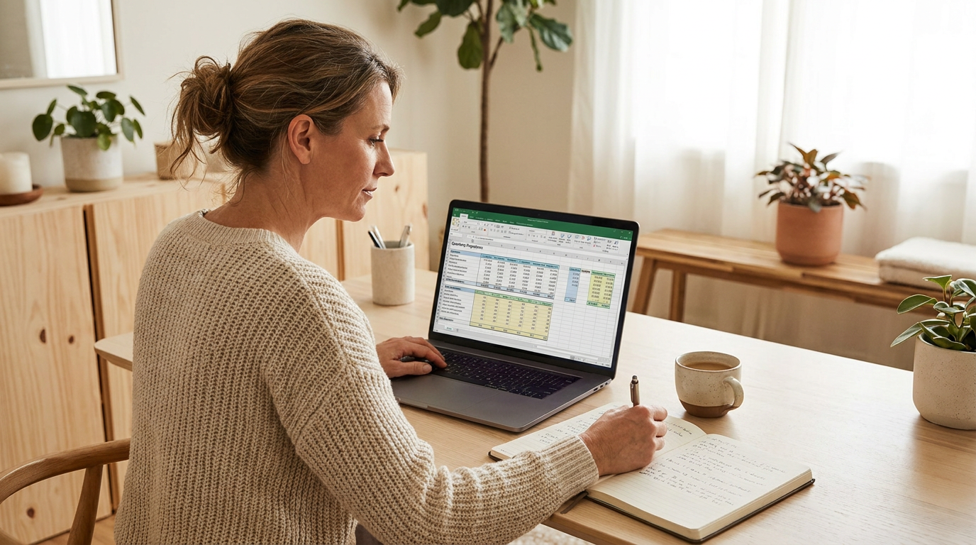 Massage clinic owner reviewing financial projections on a laptop at a desk, with a notebook and coffee nearby