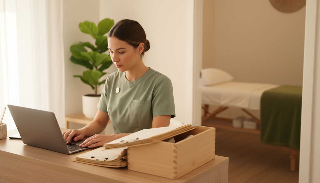 Massage therapist at a front desk reviewing a client file on a laptop beside a stack of older paper charts