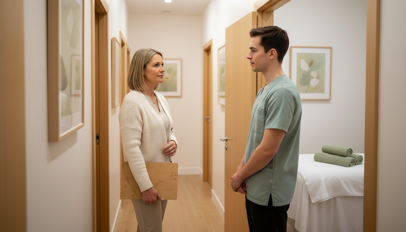 Massage clinic owner holding a clipboard and talking with a therapist in a hallway between treatment rooms