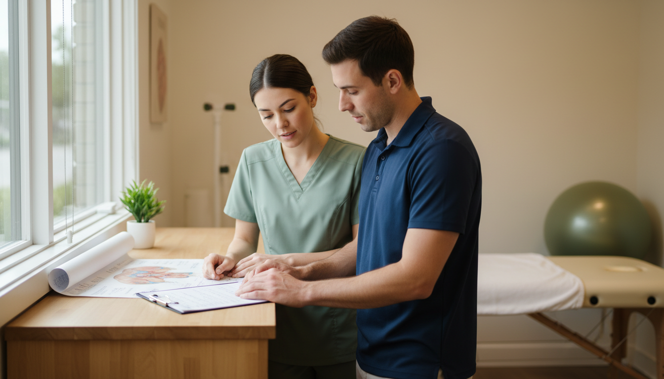 Massage therapist and physiotherapist reviewing a shared client's progress together in a clinic