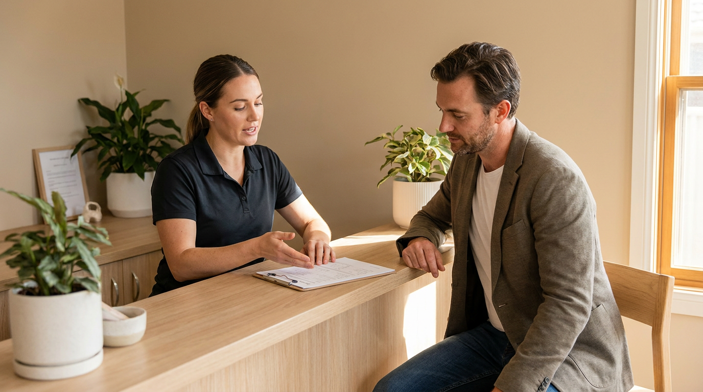Massage therapist reviewing a document with a client at a reception desk before a session