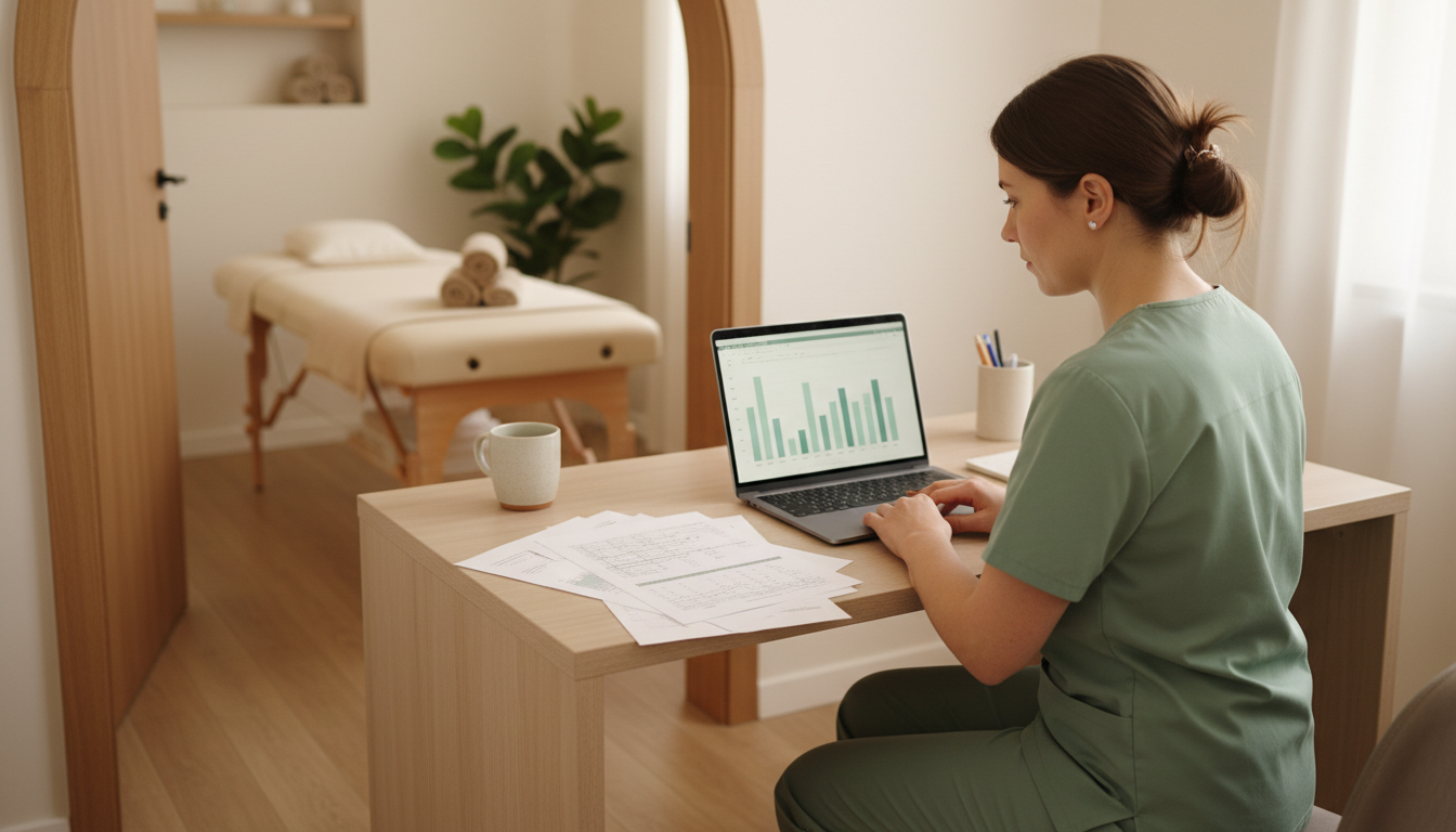 Massage clinic owner reviewing booking reports on a laptop at the front desk between appointments
