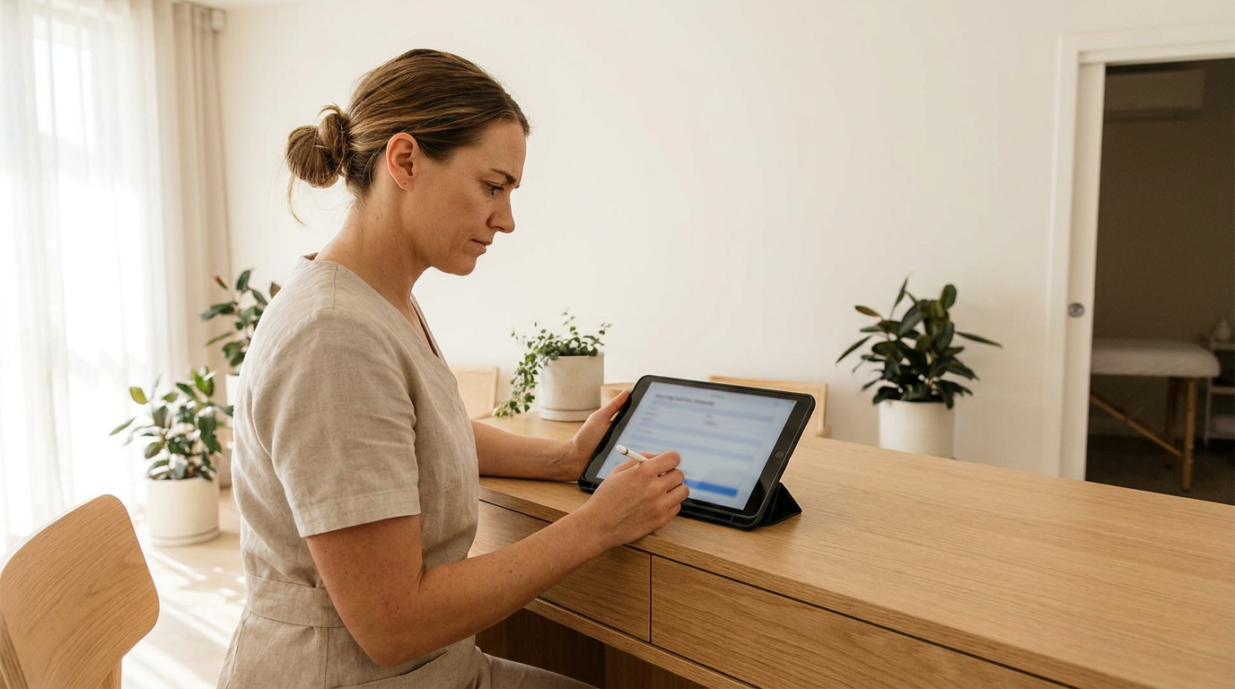 Massage therapist reviewing a client intake form on a tablet at a reception desk