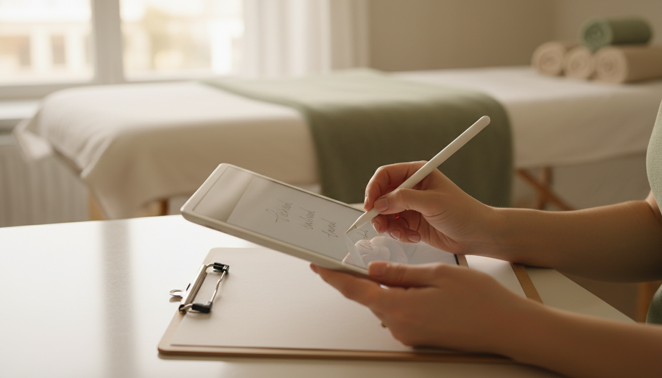 Massage therapist writing session notes on a tablet in a clean clinic treatment room